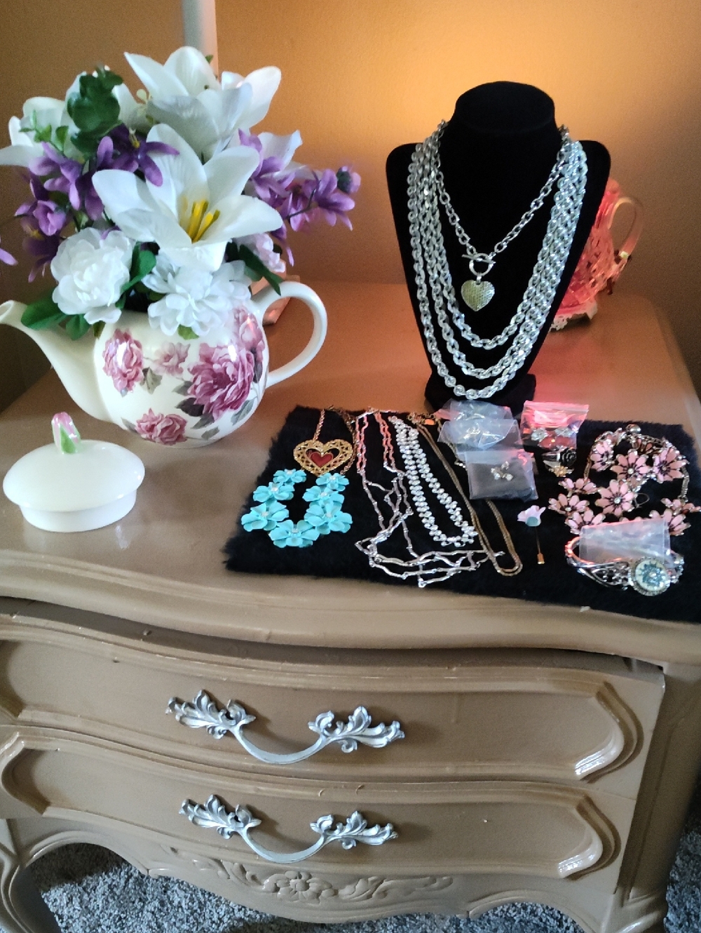 Mothers Day Jewelry Lot And Flowered Teapot